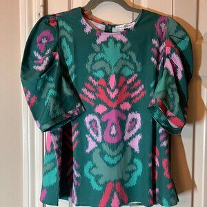 NWT Michelle McDowell Women's Green Abstract Ikat Print Puff Sleeve Blouse Mediu